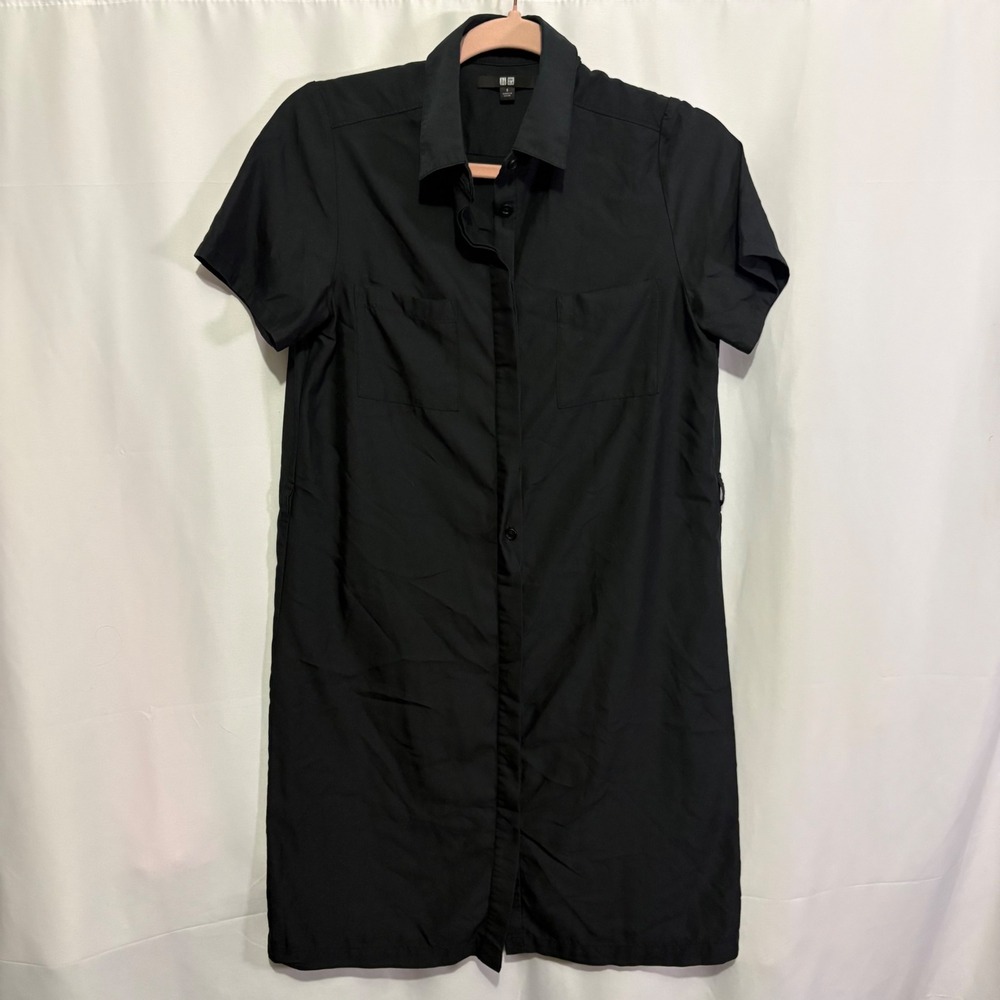 Uniqlo Black Short Sleeve Button Front Shirt Dress Rayon Blend Utility Small